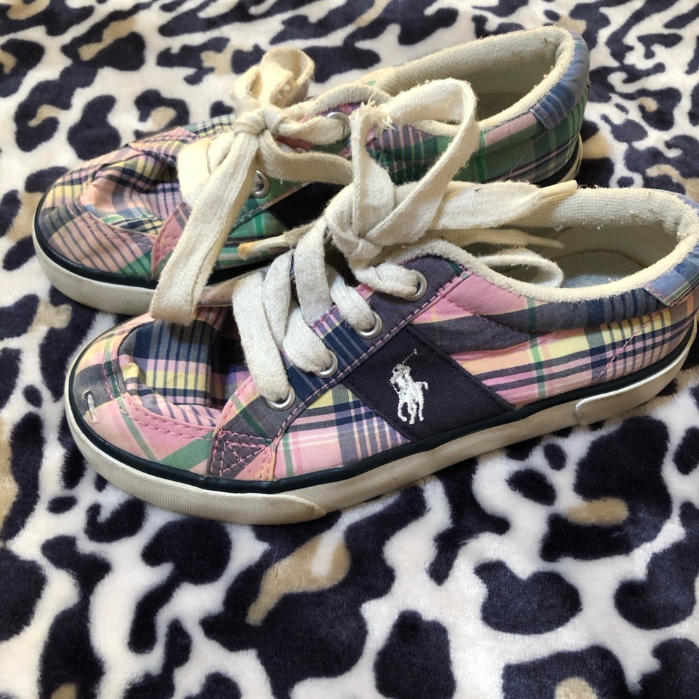 Ralph Lauren Polo Plaid Kids Shoes with Logo Horse Sneakers Tennis Shoes size 12